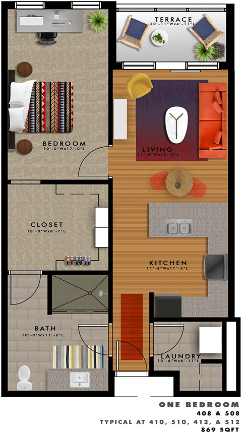 1 bedroom 1 bathroom floor plan A2-F at 20 Midtown, Alabama 35233